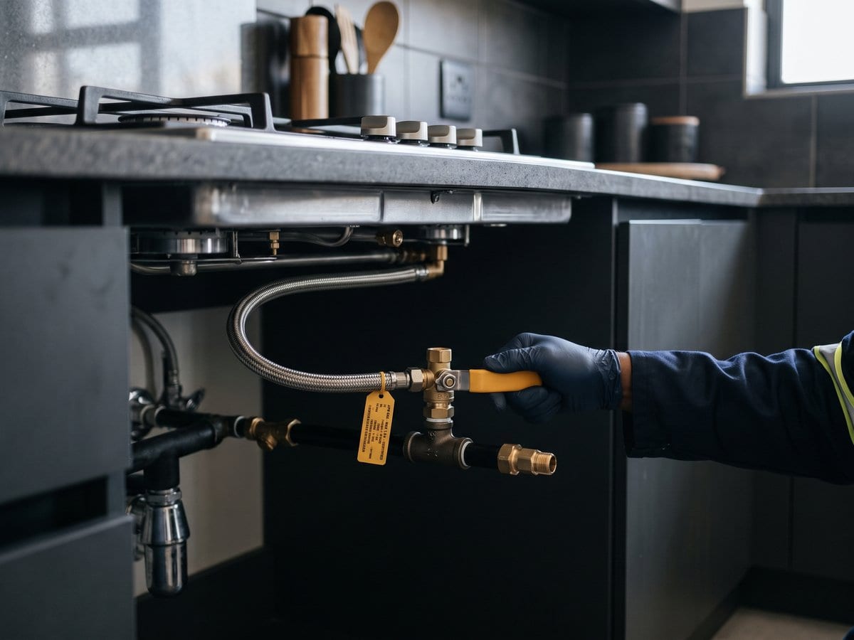 Gloved hand closing a yellow-handled isolation valve on the gas connection beneath a domestic hob.