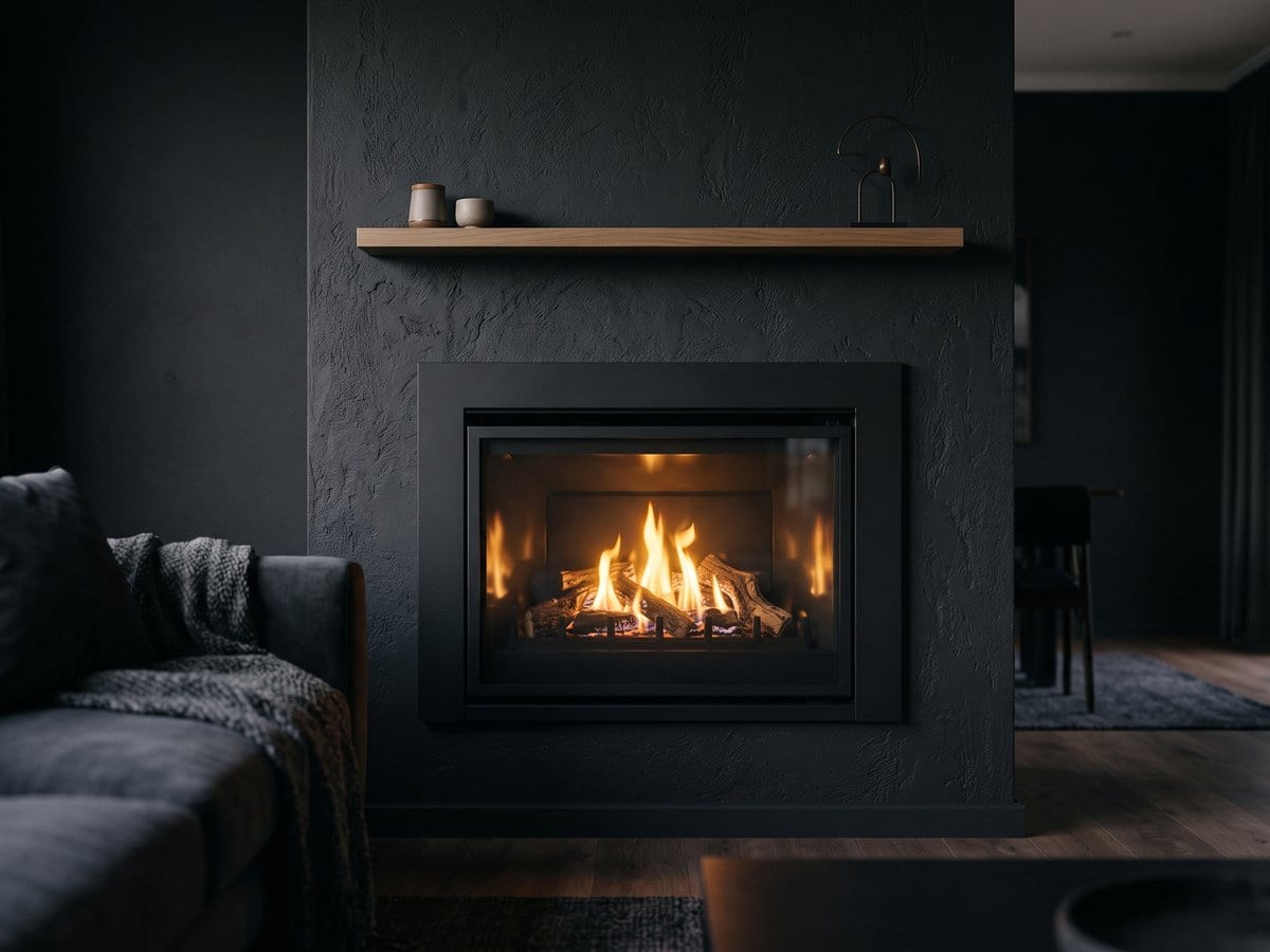 Lit gas fireplace set into a dark plastered wall in a living room, with a timber shelf above it.