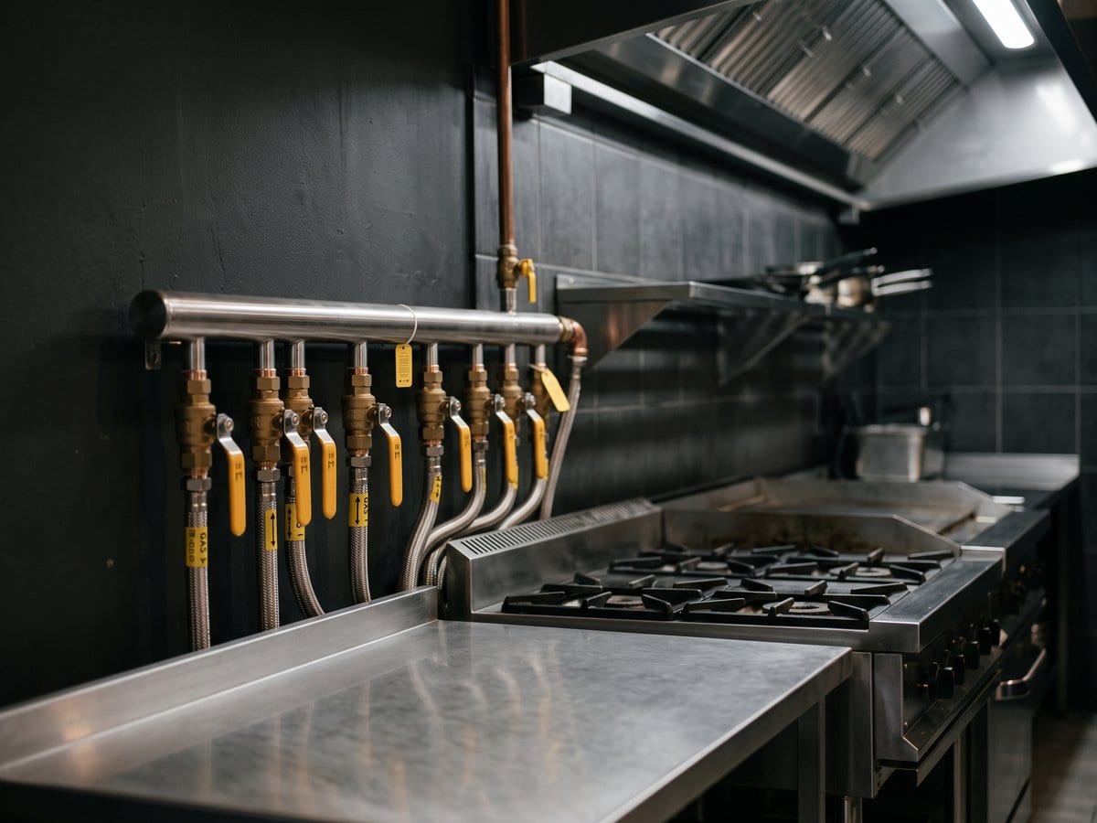 Stainless steel gas manifold with labelled isolation valves and braided hoses feeding a commercial range under an extraction canopy.