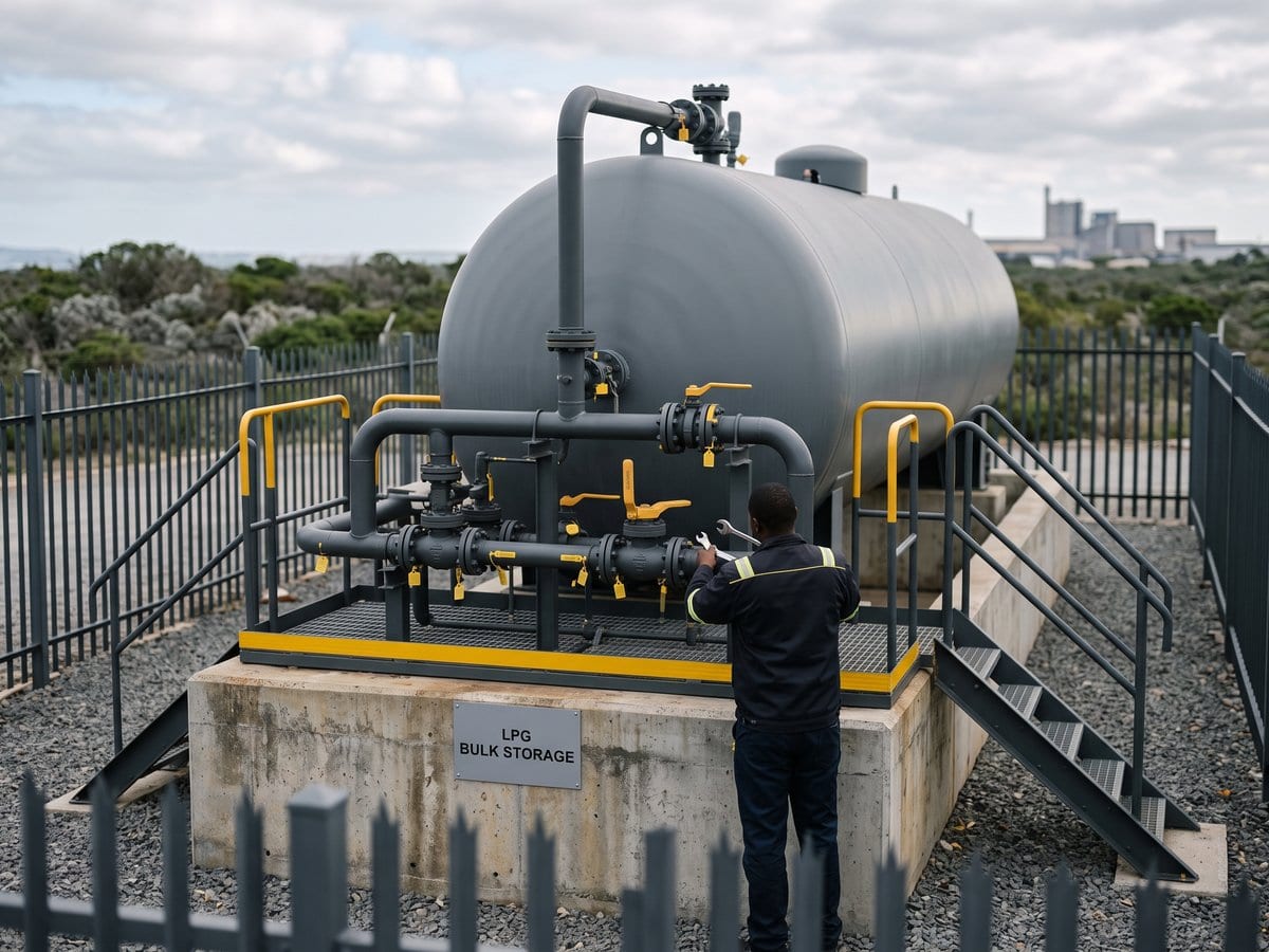 Technician working on the valve manifold of a horizontal bulk LPG storage tank on a concrete plinth behind palisade fencing.